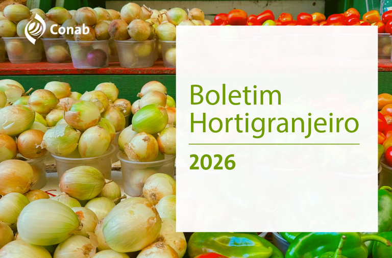 Imagem oficial do Boletim Hortigranjeiro 2026 da Conab, com hortaliças ao fundo