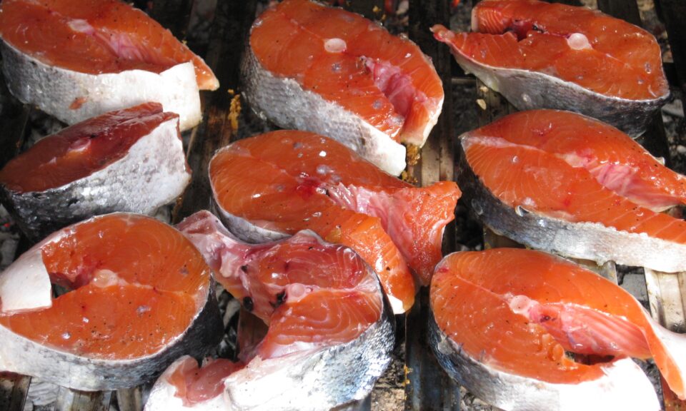Postas de salmao na grelha, imagem ilustrativa de pescados